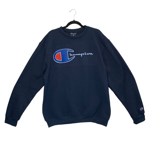 Champion Logo Graphic Pullover Crew Neck Sweatshirt Men's Sz 2XL Navy Athleisure - Picture 1 of 7